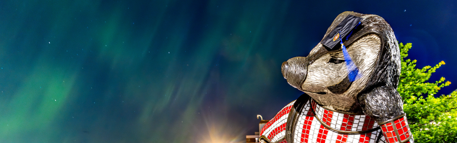 "Well Red," a sculpture by artist Douwe Blumberg of a studious-looking UW-Madison mascot Bucky Badger, is decorated with a Wisconsin School of Business graduation cap as he looks out on the Aurora borealis – commonly called the Northern Lights – as they grace the night sky above Lake Mendota along the University of Wisconsin–Madison shoreline on May 10, 2024, the night before commencement. The bright dancing lights of the aurora are collisions between electrically charged particles from the sun that enter the earth's atmosphere. (Photo by Taylor Wolfram / UW–Madison)