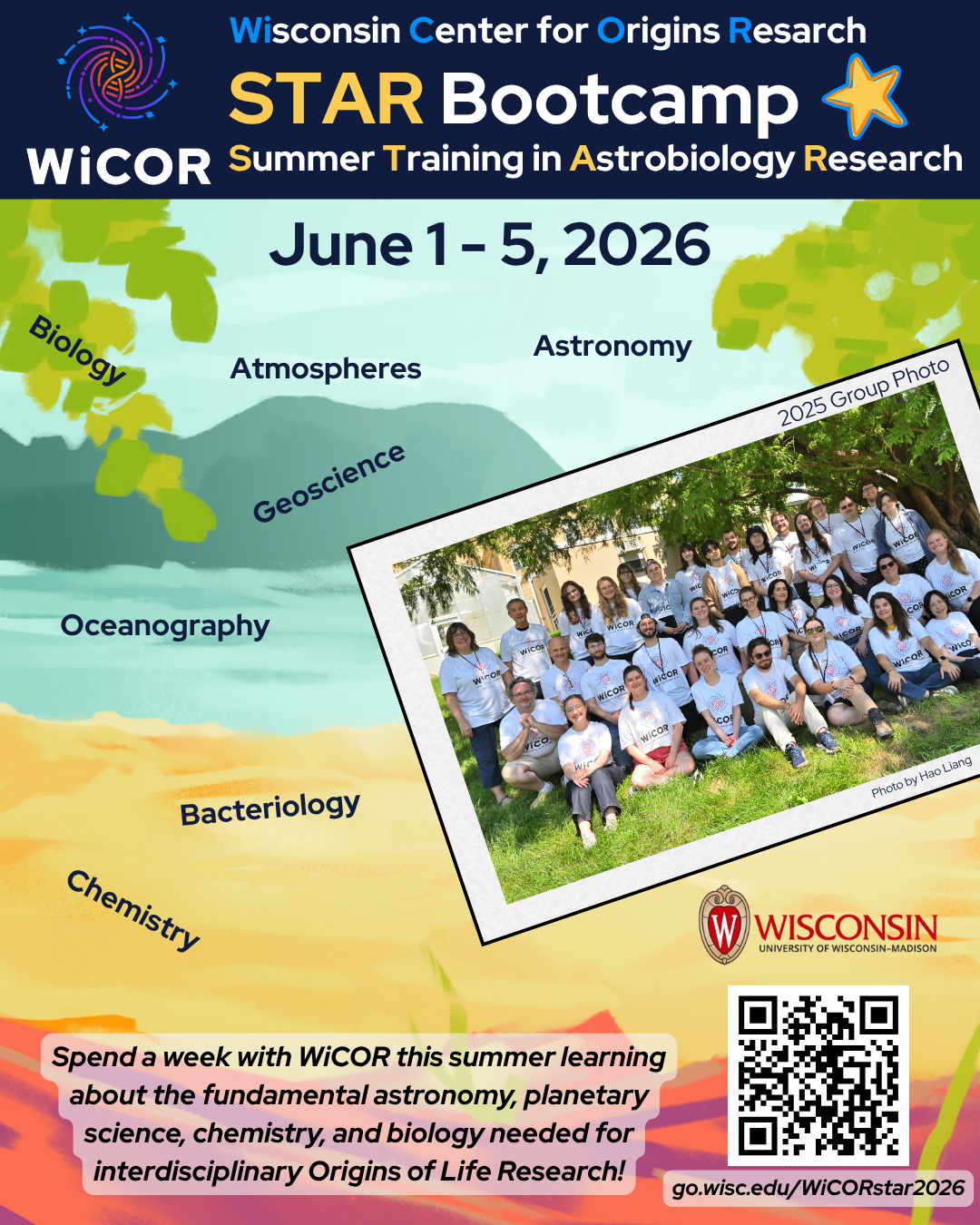 Flyer for the WiCOR Summer Training in Astrobiology Research, STAR, 2026 Bootcamp, June 1-5, with a beach scene showing labels of the different topics covered during the bootcamp, and a group photo of attendees at the 2025 Bootcamp is overlaid.