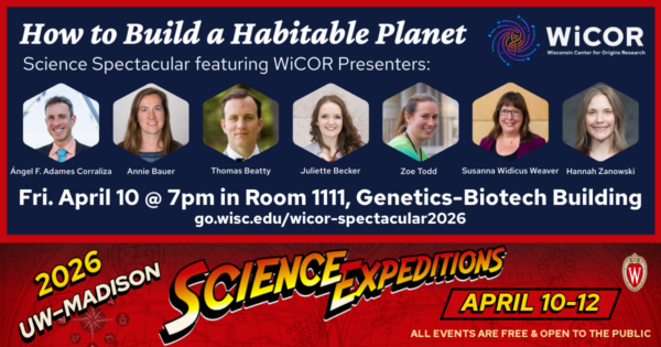 Flyer for the WiCOR Science Spectacular at Science Expeditions, featuring: the event details, a photo of each of the presenters, a dark blue background, the WiCOR logo, and the Science Expeditions banner at the bottom