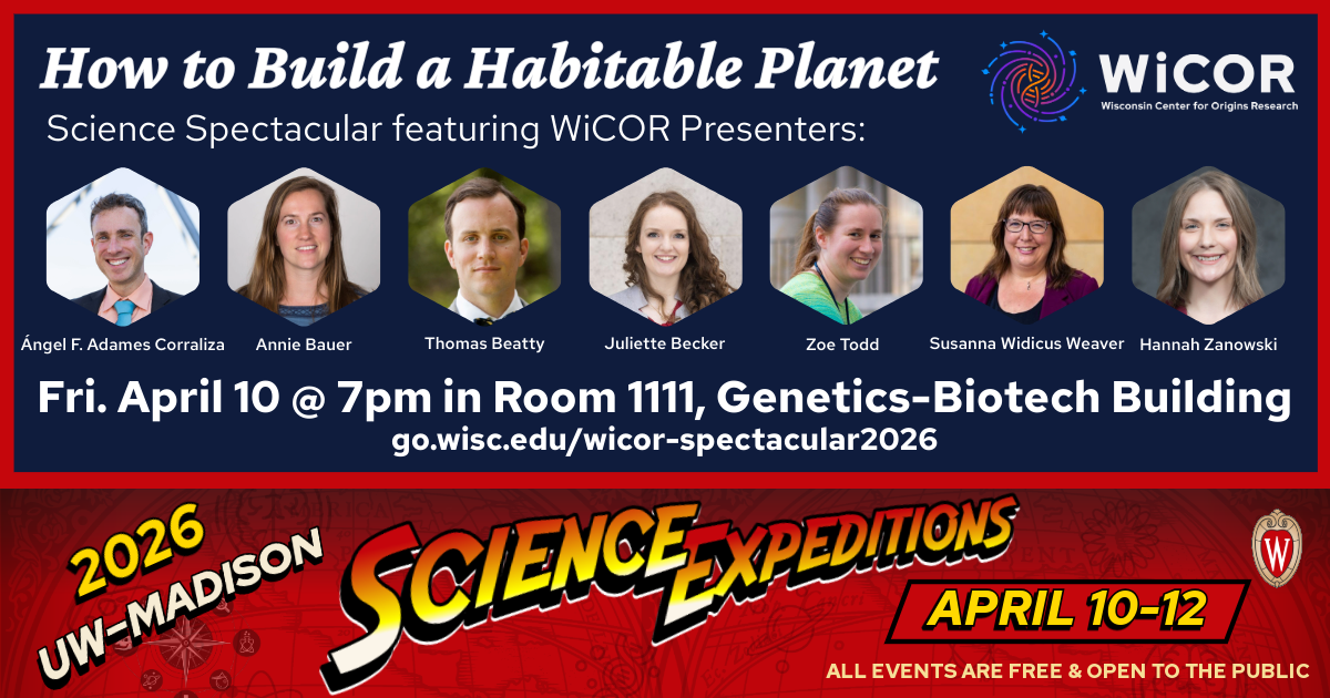Flyer for the WiCOR Science Spectacular at Science Expeditions, featuring: the event details, a photo of each of the presenters, a dark blue background, the WiCOR logo, and the Science Expeditions banner at the bottom