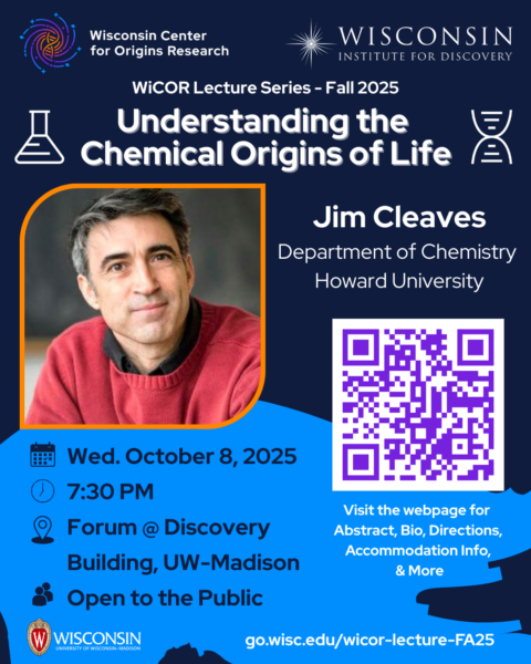 Flyer for Prof Jim Cleaves's WiCOR Lecture on Oct 8, 2025. Details in webpage text.