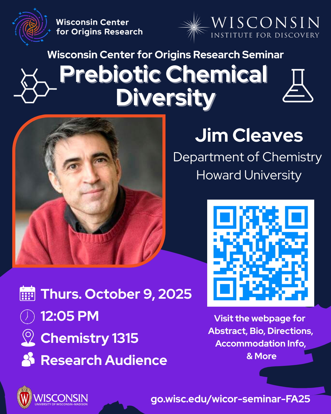 Flyer for Prof Jim Cleaves's WiCOR Seminar on Oct 9. Details on webpage.