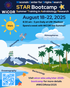 Flyer for the WiCOR Summer Training in Astrobiology Research (STAR) 2025 Bootcamp, Aug 18-22, with a beach scene showing labels of the different topics covered during the bootcamp.