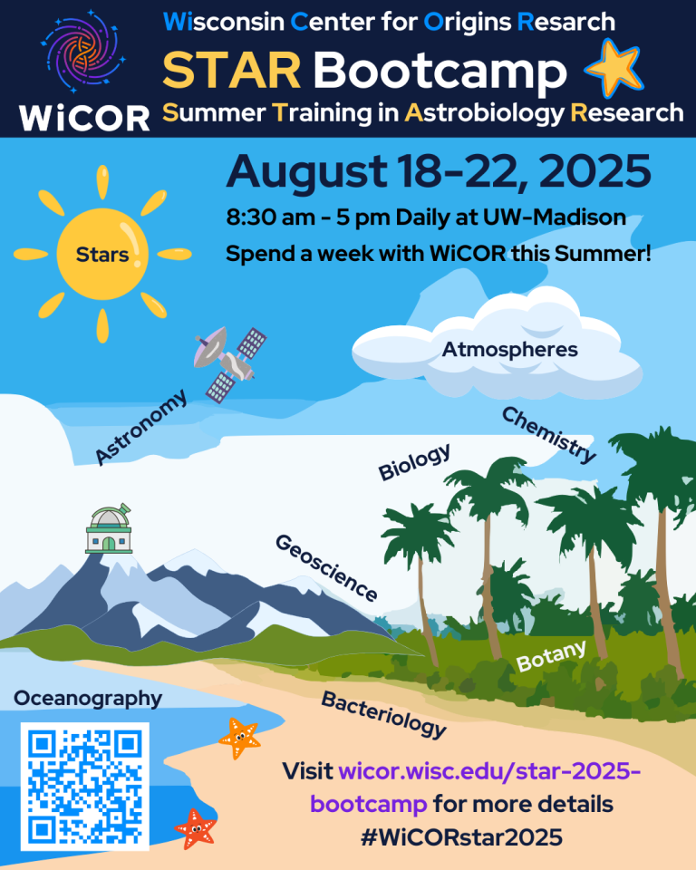 Flyer for the WiCOR Summer Training in Astrobiology Research (STAR) 2025 Bootcamp, Aug 18-22, with a beach scene showing labels of the different topics covered during the bootcamp.