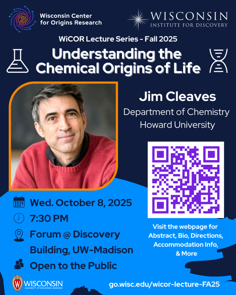 Flyer for Prof Jim Cleaves's WiCOR Lecture on Oct 8, 2025. Details in webpage text.