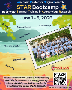 Flyer for the WiCOR Summer Training in Astrobiology Research (STAR) 2026 Bootcamp, June 1-5, with a beach scene showing labels of the different topics covered during the bootcamp, and a group photo of attendees at the 2025 Bootcamp is overlaid.